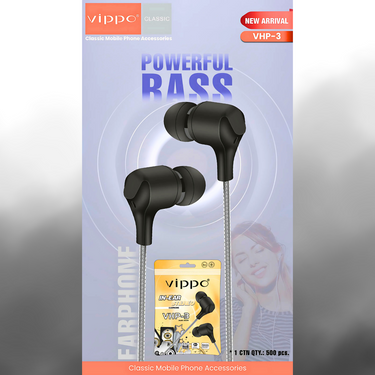 Vippo earphones with packaging on a gray background